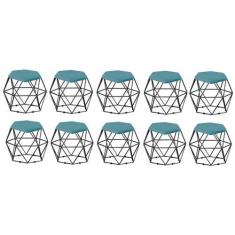 Imagem de Kit 10 Puff Banqueta Aramado Mila Base Preta Hexágono Suede Azul Turqu