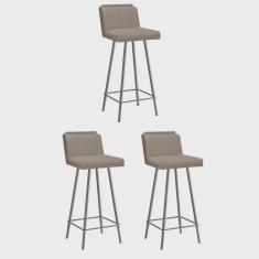 Imagem de Kit 03 Banquetas Com Encosto Menne Eiffel Bistrô Cozinha Aplique Ferro Cinza Suede Bege - Ahazzo Móveis