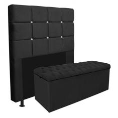 Imagem de Kit Cabeceira Estofada e Calçadeira Recamier Espanha 195cm King Size Strass Suede  - Ahazzo Móveis