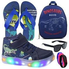 Imagem de Tenis Botinha Masculino De Led Com Calce Facil Infantil Dinossauro Luzinha + Mochila Chinelo e Brindes Cor:Azul; Tamanho