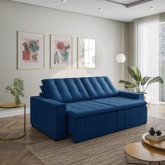 Imagem de Sofá Cama Retrátil e Reclinável 3 Lugares 260cm em Veludo com Molas e Braço Reto Palmeira Cabecasa M Azul