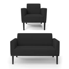 Imagem de Sofá Namoradeira com Poltrona Base de Madeira Fixa Preto Marisa Veludo Preto D03 - D'Rossi