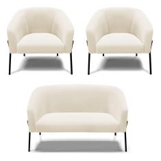 Imagem de Sofá Namoradeira E 2 Poltronas Pé De Ferro Preto Stella Veludo D03 - D'rossi Cor Bege
