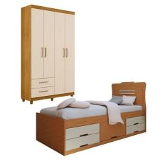 Imagem de Conjunto Cama Solteiro 5 Gavetas Júlia e Guarda-Roupa Solteiro 4 Portas 2 Gavetas Canadá Plus Cinamomo/Off White