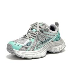 Imagem de BEAU TODAY Tênis grosso para mulheres, tênis fashion feminino, tênis de couro leve para mulheres, confortável casual com cadarço respirável, Azul e verde, 36