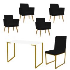 Imagem de Kit Escritório Stan 4 Poltronas Rodapé com Cadeira e Mesa Industrial Branco Dourado Tecido Sintético Preto - Ahz Móveis