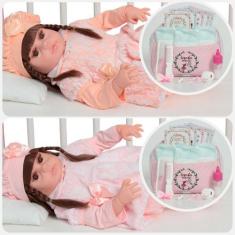 Imagem de Boneca Tipo Reborn Gêmeas Recém Nascidas Cabelo Castanho - Cegonha Reb