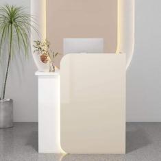 Imagem de Mesa de recepção com balcão, excelente economia de espaço, balcão frontal com gaveta com trava, mesa de escritório em casa, para salão, recepção, saguão, salão de beleza, escritório, branco leitoso,