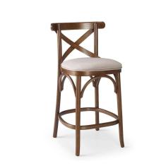 Imagem de Banqueta Munique Baixa Madeira Maciça Imbuia Estofada Linho Bege