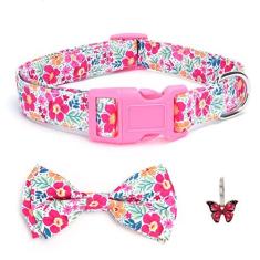Imagem de Coralup Coleira floral para cães com gravata borboleta para aniversário confortável de algodão gravata borboleta ajustável fofa coleira média para meninas meninos e cães, M, pescoço 33-50 cm, rosa