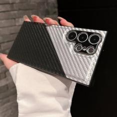 Imagem de Capa de telefone luxuosa de couro de fibra de carbono com contraste para Samsung S23 S24 Ultra S21 S22 Plus A54 A34 A14 5G Capa protetora de lente de metal, preta prateada, para Samsung S22