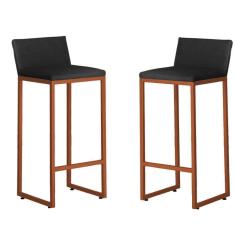 Imagem de Kit 2 Banquetas Altas Luxo Dani Com Encosto Base Bronze Cor:preto