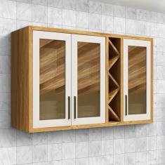 Imagem de Armário Aéreo de Cozinha 120cm 3 Portas com Vidro Reflecta 100% Mdf Barbados Espresso Móveis Amêndoa/Off White