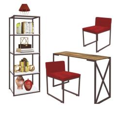 Imagem de Kit Escritório Bex 2 Cadeiras Suede Vermelho com 1 Mesa e 1 Livreiro Ferro Marrom MDF Carvalho - Ahazzo Móveis
