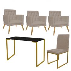 Imagem de Kit Escritório Stan 3 Poltronas Maria com Cadeira e Mesa Industrial Preto Dourado Suede Bege - Ahz Móveis