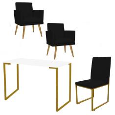 Imagem de Kit Escritório Stan 2 Poltronas Rodapé com Cadeira e Mesa Industrial Branco Dourado Suede Preto - Ahz Móveis