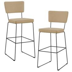Imagem de Kit 02 Banquetas Alta Cozinha Sala De Jantar Base Aço Fixa Allana L02 Linho Bege Escuro - Lyam Decor