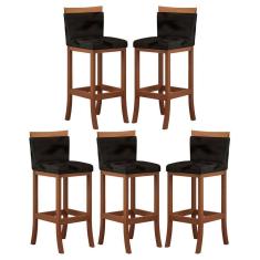 Imagem de Kit 5 Banquetas Média Encosto Estofado 38x92 Cm Paris Madeira Maciça Castanho Suede Preto CCS