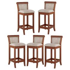 Imagem de Kit 5 Banquetas Média Estofada Encosto Mônaco 36x90Cm Bancada Madeira Maciça Linho Bege M58 - RMI