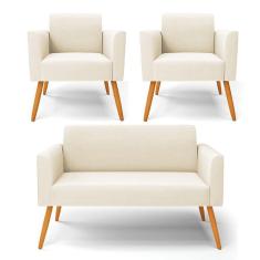 Imagem de Sofá Namoradeira Com 2 Poltronas Pés Palito Castanho Marisa Veludo Bege D03 - D'rossi