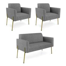 Imagem de Sofá Namoradeira e 2 Poltronas Pé de Ferro Dourado Marisa Linho Grafite D03 - D`Rossi