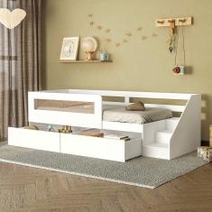 Imagem de Cama Infantil Space Solteiro com 2 Gavetas, Rattan, Grade de Proteção e Escada de Acesso Casatema Branco