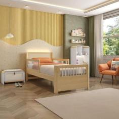 Imagem de Cama Solteiro Wave Juvenil Reversível Led com Rattan, Grade de Proteção e Peseira Palito Casatema Branco/Natural