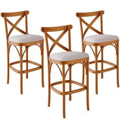 Imagem de Kit 03 Banquetas Altas Cozinha Bancada Bar Sala de Jantar Estofada Ávila L02 Linho Bege - Lyam