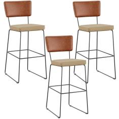 Imagem de Kit 03 Banquetas Altas Camel Linho Bege Escuro