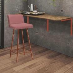 Imagem de Kit Mesa Suspensa de Parede Fixa mdf Carvalho + 1 Banqueta Lexi Ferro Bronze Suede Rose - Ahazzo Móveis