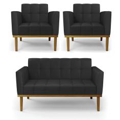 Imagem de Sofá Namoradeira E 2 Poltronas Base Madeira Castanho Elisa Corino Preto D03 - D`rossi