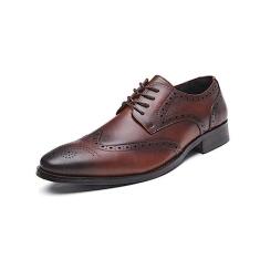 Imagem de Tênis masculino de couro genuíno estilo britânico pontiagudo couro esculpido para negócios Derby sapatos casuais de casamento, Marrom escuro, 41