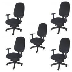 Imagem de Kit 5 Unidades Cadeira Escritório Secretária Giratória com Braço Regulável em Couro Preto