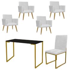 Imagem de Kit Escritório Stan 4 Poltronas com Cadeira e Mesa Industrial Tampo Preto Dourado Corino Branco - Ahz Móveis