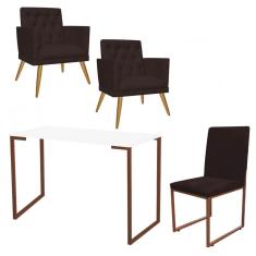Imagem de Kit Escritório Stan 2 Poltronas Maria com Cadeira e Mesa Industrial Branco Bronze Suede Marrom - Ahz Móveis