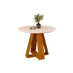 Imagem de Mesa p/ Cozinha Celeste c/ Tampo Madeirado Vidro Redondo 103x103cm Cedro/Off White - DJ Móveis