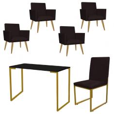 Imagem de Kit Escritório Stan 4 Poltronas com Cadeira e Mesa Industrial Tampo Preto Dourado Tecido Sintético Marrom - Ahz Móveis