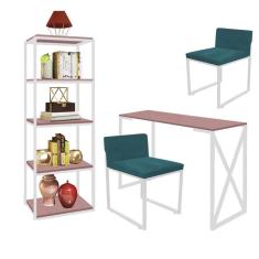 Imagem de Kit Escritório Bex 2 Cadeiras Suede Azul Turquesa com 1 Mesa e 1 Livreiro Ferro Branco MDF Rose Rosa - Ahazzo Móveis