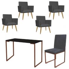 Imagem de Kit Escritório Stan 4 Poltronas com Cadeira e Mesa Industrial Tampo Preto Bronze Suede Cinza - Ahz Móveis