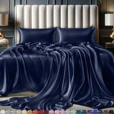 Imagem de DECOLURE Jogo de cama casal de cetim 4 peças - Lençóis de cetim elegante com bolso profundo de 38 cm - hipoalergênico, costura dupla, sem rugas - Roupa de cama de cetim sedosa e luxuosamente macia