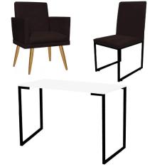 Imagem de Kit Escritório Stan Poltrona Rodapé com Cadeira e Mesa Industrial Branco Preto Tecido Sintético Marrom - Ahz Móveis