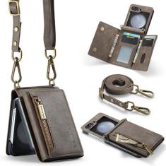 Imagem de XYAJUANG Capa de telefone compatível com Samsung Galaxy Z Flip 5, design com zíper atualizado, capa de celular dobrável de couro PU com alça de ombro e suporte para cartão, capas de telefone com bolso