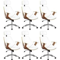 Imagem de Kit 6 Cadeiras de Escritório Presidente Giratória com Apoia Cabeça Office Lisboa Branco
