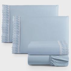 Imagem de Jogo de Lençol King 4 Pçs Basic Percal 180 Fios Lese Bordado Inglês - Azul
