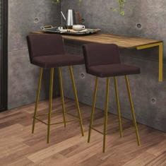 Imagem de Kit Mesa Suspensa de Parede Fixa MDF Carvalho + 2 Banquetas Lexi Ferro Dourado Corino Marrom - Ahazzo Móveis