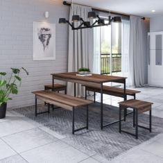 Imagem de Conjunto Mesa de Jantar com 2 Bancos 2 Banquetas Estilo Industrial Active Yescasa Nogal