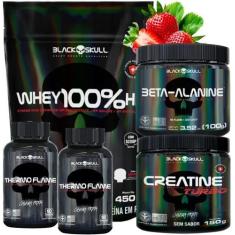 Imagem de Kit Black Skull: Whey 100% hd Refil 900g + 2x Cafeína Thermo Flame 60 