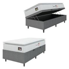 Imagem de Cama Box Baú Colchão Solteiro Espuma D33 Vangogh Pillow Top 88x188x70cm Branco/Cinza Hellen - Suporta até 120kg por Pessoa