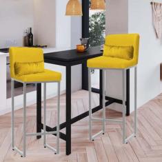 Imagem de Kit 02 Banqueta Alta com Encosto Lucca Industrial Cozinha Balcão Ferro Prata Corino Amarelo e Almofada Amarelo - Ahazzo Móveis