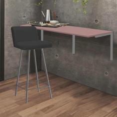 Imagem de Kit Mesa Suspensa de Parede Fixa mdf Rosa + 1 Banqueta Lexi Ferro Cinza Sintético Preto - Ahazzo Móveis